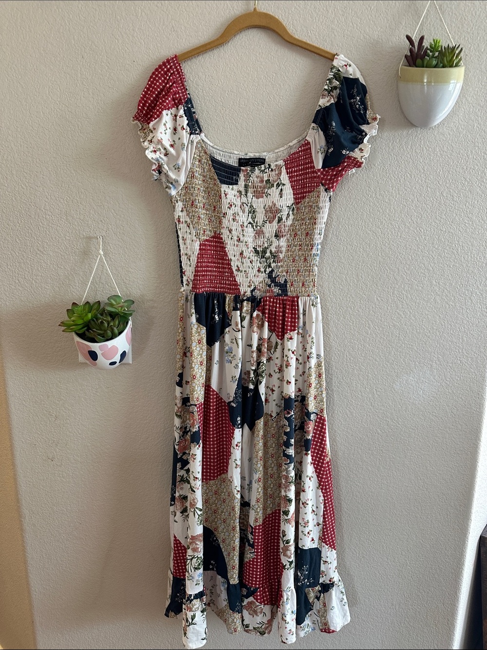 Urban Outfitters Smocked Puff Sleeve Patch Floral Boho Midi Dress Tier Small